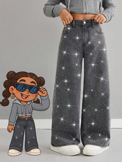 青少年女孩 Y2K 石洗灰色水钻装饰口袋宽腿宽松休闲牛仔裤，闪亮水钻宽松阔腿牛仔裤，适合青少年女孩的秋冬休闲牛仔裤，宽松牛仔裤女孩，机场，阔腿裤，街头服饰，有趣的牛仔裤，返校，优雅的派对闪亮服装，圣诞节青少年女孩服装，休闲水钻装饰牛仔裤，日常穿着的极简时尚，宽松牛仔裤