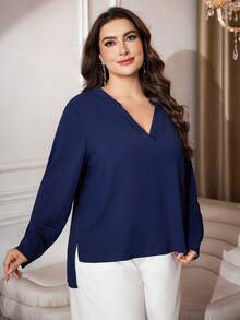 Modelyn Chemise décontractée à manches longues et col en V de couleur unie pour femmes grandes tailles - Bleu azur - Voir 5