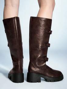 Sugerpunk 1 Pair Women's Thick Sole High Heel Dark Punk Style Over-The-Knee Boots, Autumn/Winter Fashion Street Style Buckle Solid Color Tall Boots - Brown - View 6