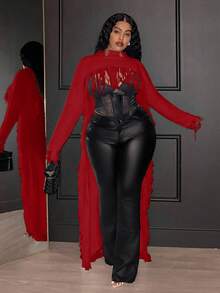 Maweii Plus Size Fashion Tassel Decor Short Front Long Back Sweater Knit Pullover Fall Winter Autumn Party Red - Red - View 1