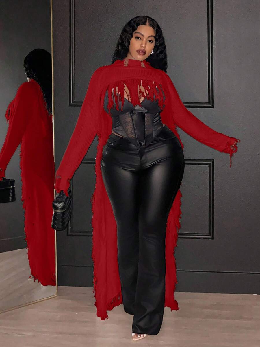 Maweii Plus Size Fashion Tassel Decor Short Front Long Back Sweater Knit Pullover Fall Winter Autumn Party Red - Red - View 1