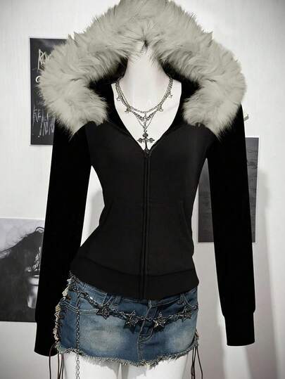 SHEIN ICON 女式休闲复古修身毛领连帽常规夹克