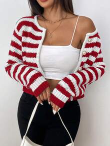 SHEIN PETITE Fashionable Casual Versatile Striped Textured Women Cardigan Sweater - Red and White - View 4
