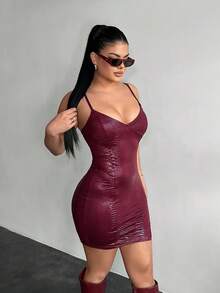 SHEIN SXY 性感街头风酒红色吊带迷你连衣裙 - 酒紅色 - 查看 5