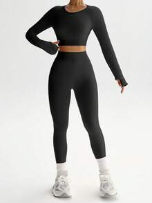 Dewbera Seamless High Elasticity Rib Knit Women Sports Fitness Running Yoga Set Ribbed Workout Set Sexy Workout Clothes Gym Clothes Women Set Backless - Black - View 4