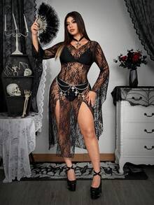 Whyspr Party Fall Autumn And Winter Grunge Punk Sexy Fitted Minimalist Solid Color Lace Slit Dress - Black - View 2