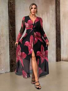Roveilla Đầm Maxi Tay Dài Cổ Chữ V In Hoa Cỡ Lớn Cho Nữ - màu đen - Xem 5