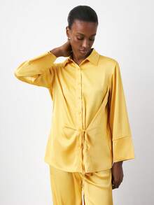 Maija 2pcs Women's Solid Color Drop Shoulder Long Sleeve Front Button Fashionable Shirt Set