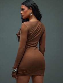 Hauture Women's Solid Color Ruffle V-Neck Sexy Long Sleeve Short Dress - Brown - View 2