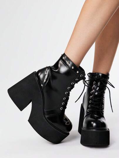 Women's Comfortable Retro Platform Ankle Boots, Gothic Round Toe Rivet Embellished Thick Sole Punk Style Leather Chunky Heel Booties, Outdoor Commute Party Boots