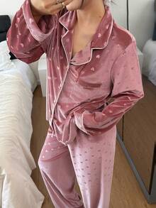 SHEIN Women's Turndown Collar Cardigan, Heart Jacquard Velvet Pajama Set With Long Sleeve And Long Pants Heart Print Pajamas Pink Pajama Set Soft Pajama Set, Fall & Winter Clothes Velvet Pajamas Soft Pajamas Pajama Set Heart Print Pajama Set Two Piece - Dusty Pink - View 6