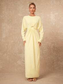 Lumalex VITNOS Damen blassgelbes elegantes Herbst Tee-Party Maxikleid, Puffärmel, gefaltete Taille, langes Hochzeitsgastkleid mit Metallknöpfen, Old Money Stil - Hellgelb - Übersicht 6