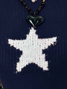 EgrlEra Women's Casual Pentagram Pattern Round Neck Long Sleeve Sweater, Autumn/Winter - Navy Blue - View 4
