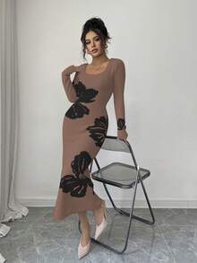 Elenzga Váy len bó sát eo dệt kim Jacquard cổ vuông - Màu Khaki - Xem 4
