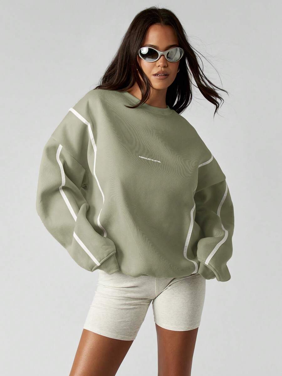 MISSGUIDED 宽松圆领卫衣,饰有白色条纹细节和落肩设计,适合休闲叠穿 - 卡其色 - 查看 1
