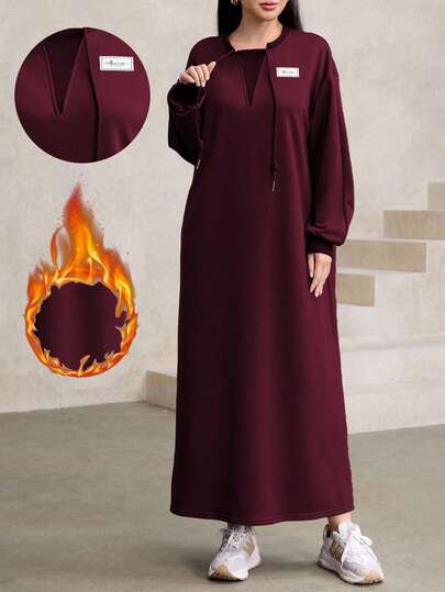 Graceveil 女士休闲抽绳装饰宽松圆领长款连帽衫，棕色，秋冬款