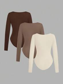 SHEIN EZwear 3件套女士休闲简约棕色卡其色米色方领长袖连体衣套装，秋冬季 - 彩色 - 查看 2