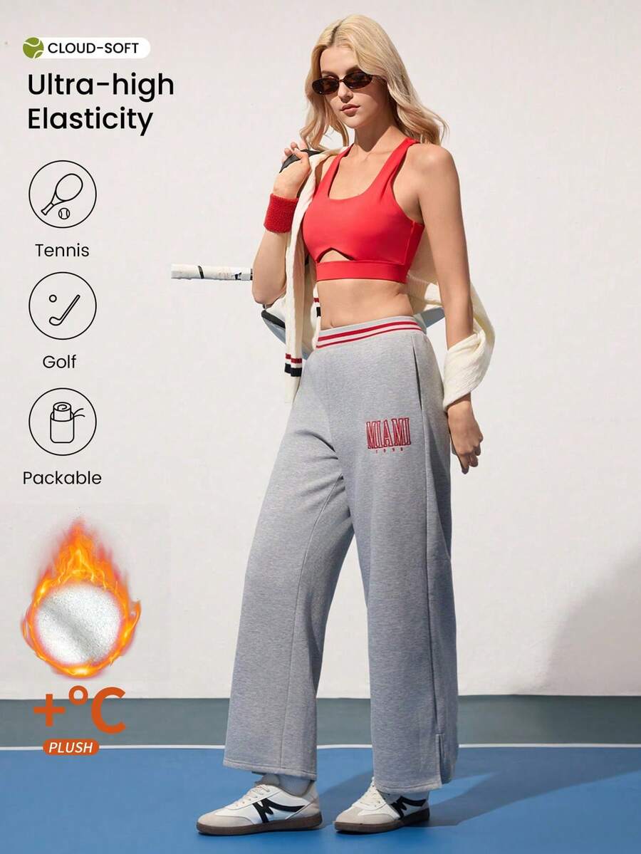 CourtClass Damen Lässig Alltags Loose Straight Leg Jogginghose mit Buchstickerei