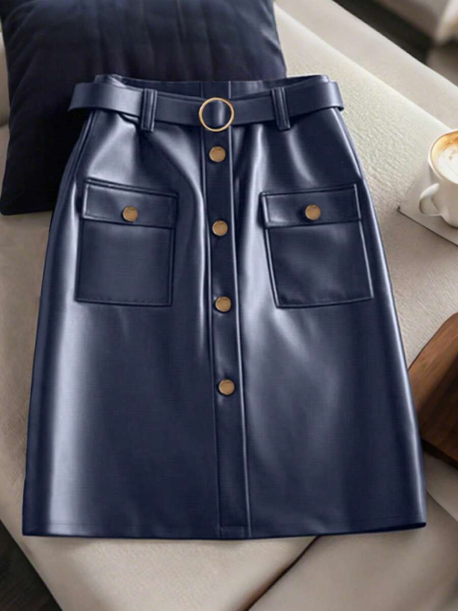 GlowEve Women's Solid Color Front Button Closure Skirt, Suitable For Commuting - Navy Blue - View 1