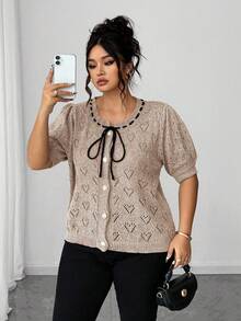 Elenzga Plus Size Contrast Color Round Neck Regular Shoulder Puff Sleeve Casual Front Button Hollow Out Casual Knit Cardigan - Khaki - View 6