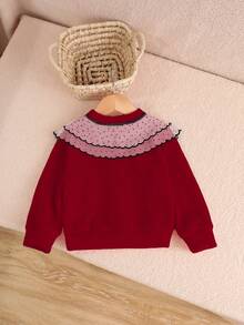 SHEIN Young Girls' Sweet & Cute Pink Long Sleeve Polka Dot Mesh Ruffle Collar Jacket With Black Velvet Ribbon Bow And Gold-Edged Buttons, Comfortable Single-Piece, Suitable For Spring/Autumn Back-To-School Season And All Year Round - Red - View 2