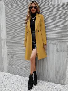 SHEIN Clasi 女式纯色翻领长袖双排扣休闲羊毛大衣，秋冬 - 黃色 - 查看 1