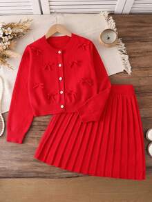 Tween Girls Sweater Set,Red And White Striped,Autumn,Cute,Holiday,Back-To-School Crew Neck Button Long Sleeve Knitted Top With Bow&Pleated Mini Skirt - Red - View 3