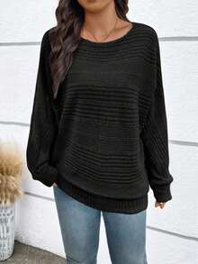 SHEIN PETITE Petite Women Textured Ribbed Fleece Casual Sweatshirt, Autumn/Winter - Black - View 3