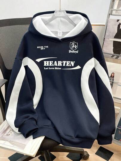 青少年男童休闲宽松舒适英文字母撞色街头风Y2K风格宽松长袖卫衣，适合秋冬季穿着