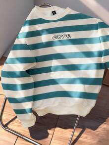 Manfinity Joysei 男士休闲字母条纹圆领长袖套头卫衣，秋冬季圣诞礼物，男士长袖衬衫 - 彩色 - 查看 1