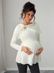 Momance Fitted Maternity Sweater With Turndown Collar, Rhinestone Buttons, Ruffle Hem Design, Elegant For Dates, Long Sleeve Pullover