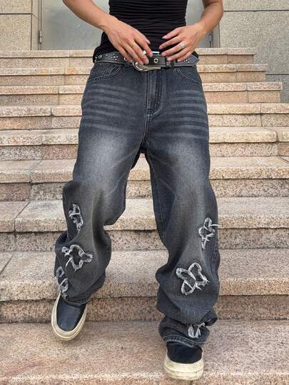 Street Life Men's Casual Washed Embroidered Loose Fit Jeans