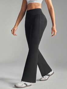 SHEIN Sports 女士高腰带口袋休闲健身喇叭裤 - 黑色 - 查看 7