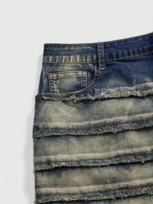ROMWE Grunge Punk Y2K Faded Distressed Multi-Layer Frayed Patchwork Plus Size Denim Mini Skirt, Subculture Vintage Washed Denim Skirt - Dark Wash - View 4