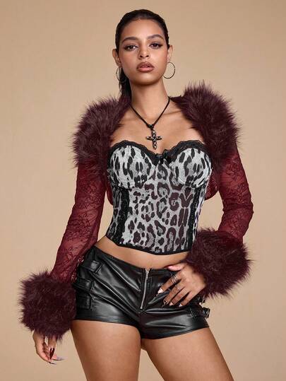 J-Fashion Y2K Sexy Lace Patchwork Black Fur Collar Cropped Cardigan For Women, Can Be Paired With Camisole Or Dress