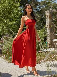 KARISMINA Vestido de unicolor, tejido, con espalda descubierta y cintura con lazo, para vacaciones - Rojo - Ver 4