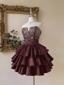 Lovelzi 优雅、浪漫、性感的黑色缎面面料，深 V 领，收腰，紧身胸衣，大量水钻装饰，有骨紧身胸衣，后背系带，A 字裙，褶皱设计，适合毕业典礼、学校开学、音乐节、生日派对、婚礼、舞会礼服 - 紫紅色 - 查看 3