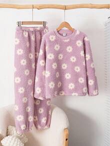 青少年女孩蓬松花朵印花长袖上衣和裤子睡衣套装 - 粉色 - 查看 4