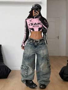 Coolane Tops de cuello alto de ajuste ceñido con mangas, de tela elástica de punto con gráficos, para el día del juego, estilo urbano para mujer - Rosa - Ver 4