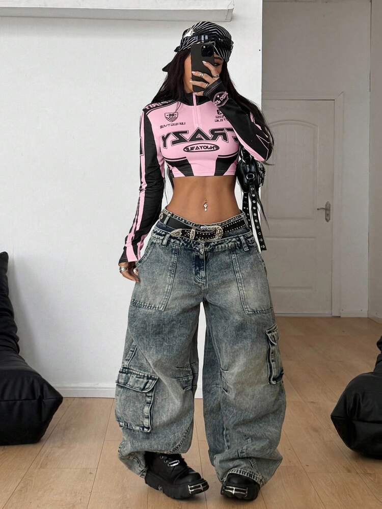 Tops de cuello alto de ajuste ceñido con mangas, de tela elástica de punto con gráficos, para el día del juego, estilo urbano para mujer - Rosa - Añade 4