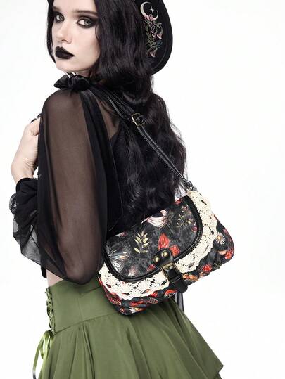 Sac à épaule avec imprimé floral et champignon style Fairycore, sac bandoulière vintage en patchwork de dentelle, sac à main au style Cottagecore pour un usage quotidien et les festivals