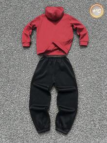 SHEIN 2件組青少年男孩休閒聖誕字母印花秋季連帽衛衣與運動長褲，冬季畢業返校純色抽繩運動套裝 - 黑色 - 查看 6