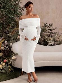 MaterniChic Elegant Maternity Fold-Over Off-Shoulder Flare Sleeve Dress, Autumn