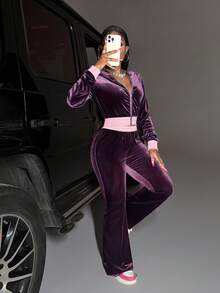 Slaydiva Trang phục Thu/Đông mới cho nữ khi trở lại trường, Halloween, công sở thường ngày, trang phục hàng ngày, gồm: Áo khoác hoodie có khóa kéo thêu khẩu hiệu tiếng Anh, cổ tay áo và gấu áo màu tương phản, kết hợp với quần ống loe có cạp chun và túi sau màu tương phản, bộ đồ nhung 2 món - Màu tím - Xem 6