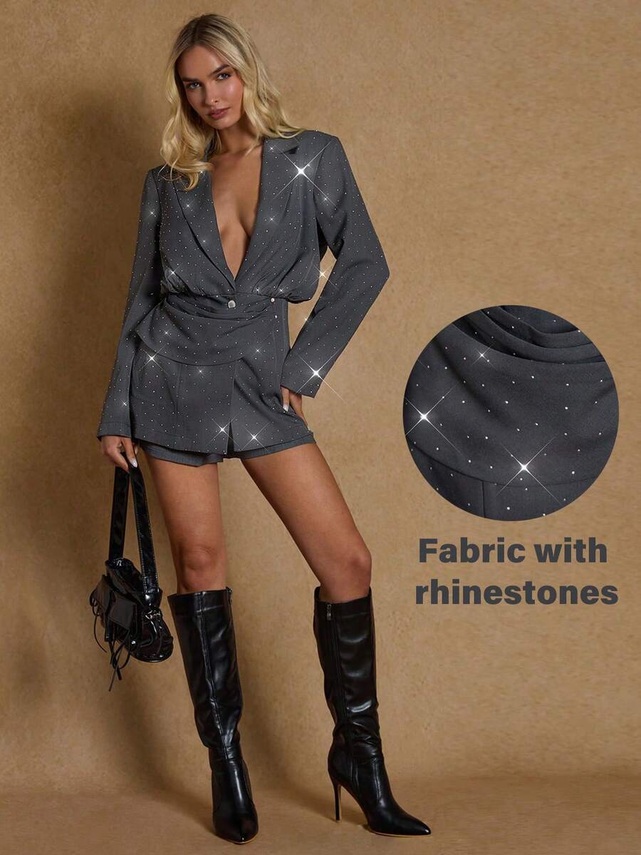 SHEIN Glamour Glamour Women's Rhinestone Decoration Gray Suit Jacket,White,Summer,Seductive,Night Out Hot Diamond Design Shiny Style Retro Chic Party Blazer - Grey - View 1