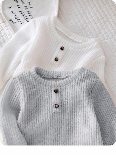 SHEIN 2pcs Newborn Baby Boy/Girl Grey & White Autumn/Winter 2 Pieces Set, Vintage Casual Basic Decorative Button Crew Neck Long Sleeve Textured Knit Ribbed Pullover, Versatile & Stylish For Home & Outings