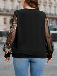 SHEIN LUNE Plus Size Women Thanksgiving Top For Women Fashion Christmas Top For Women Commuter Sequin Embroidery Mesh Patchwork Blouse New Year Women's Tops Evening Tops Chic Wedding Tops Black Long-Sleeved Holiday Party Women's Top Shiny Women's Top/Winter - Black - View 3