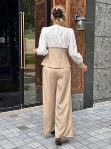 SHEIN Frenchy Women's Elegant Beige 2 Pieces Set,Autumn Office Wear Contrast Color Patchwork Single-Breasted Shirt & Pants Set,French Vintage Linen Casual Outfits - Apricot - View 2