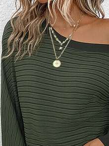EMERY ROSE Casual Loose Oblique Shoulder Long Sleeve Striped Sweatshirt - Green - View 4