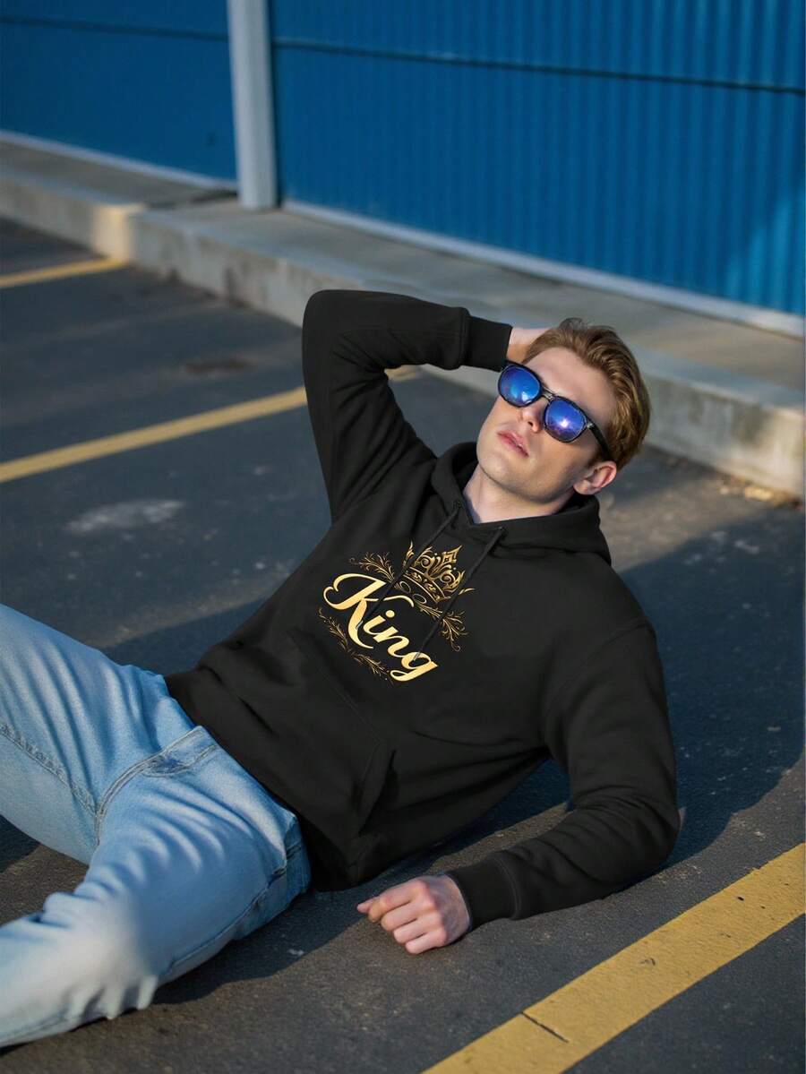 Manfinity Homme Plus Size Men's Casual Letter Graphic Pocket Drawstring Hoodie Sweatshirt, Autumn - Black - View 1